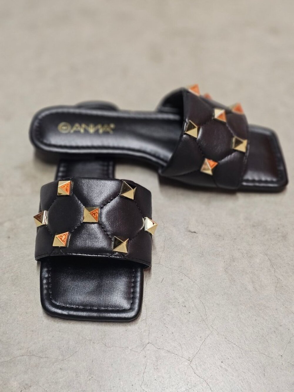 Black Quilted Slides With Gold Studded Detail For Women - Square Toe Slip-On San - Picture 7 of 10